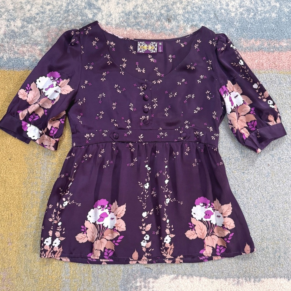Anthropologie Yumi Kim Womens Silk Floral Satin Peplum Blouse Sz Small Romantic - Picture 10 of 10